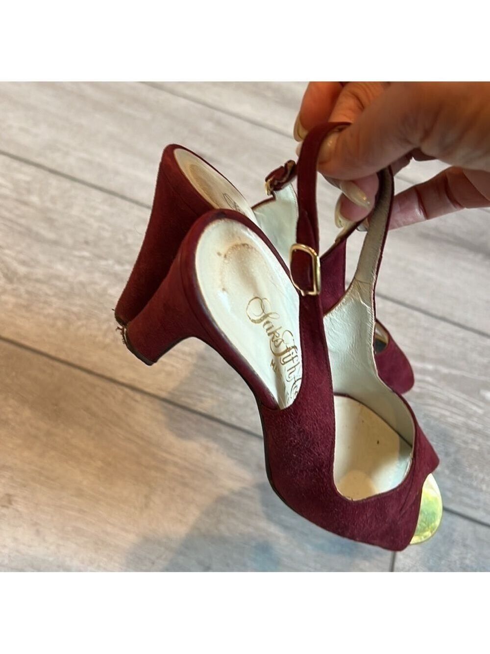 SAKS Fifth Avenue Burgundy Suede Peep Toe Slingback Heel Size 7 - Picture 5 of 12
